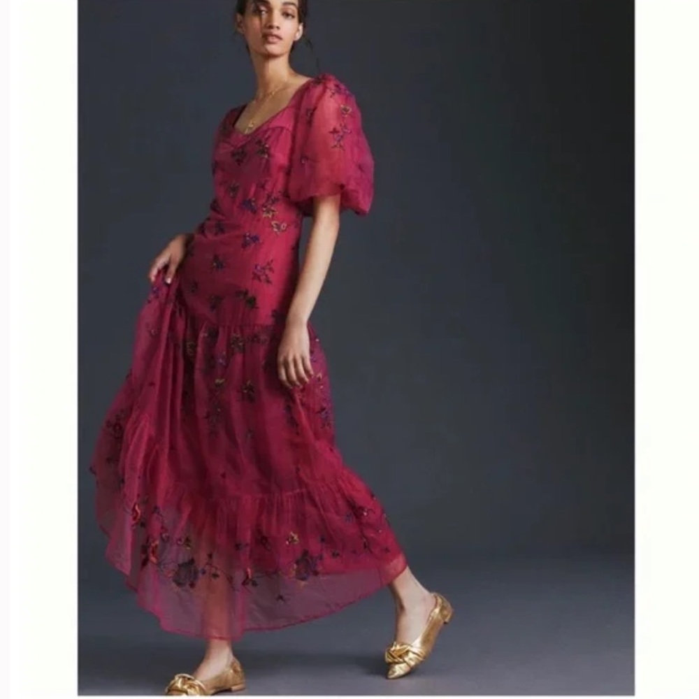 New Anthropologie Let Me Be Embroidered Maxi Dress Red Size Small